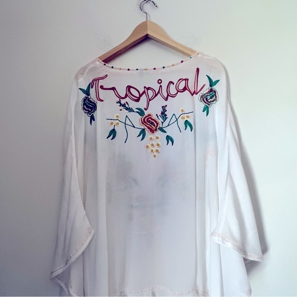 Rare Farm Rio Colorful Embroidered Tropical White Kaftan Beach Cover-up One Size - Picture 12 of 14